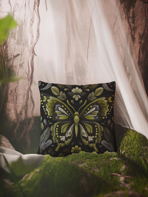 A square decorative pillow featuring an intricately detailed butterfly design in olive green, sage, and cream colors against a black background. The butterfly is surrounded by botanical elements with symmetrical floral patterns.